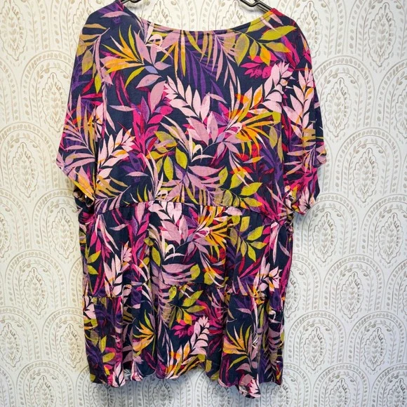 Torrid Babydoll Top Women 3 Multicolor Tropical Palm Leaf Tiered V-Neck Blouse - Picture 2 of 8